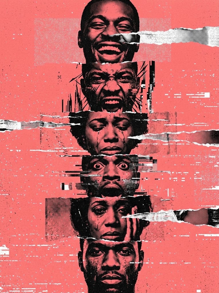 Six high-contrast black faces stacked vertically on a vibrant salmon pink background. Each head displays a distinct expression such as joy, rage, or sorrow. The distressed composition features a glitch-art aesthetic with horizontal tearing, heavy halftone stippling, and scattered white noise.