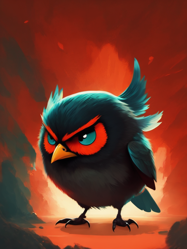 angry birds, black round bird on red background, standing centered in 3D style, rendered using beautiful Disney animation, Pixar style, Disney style, 3D style