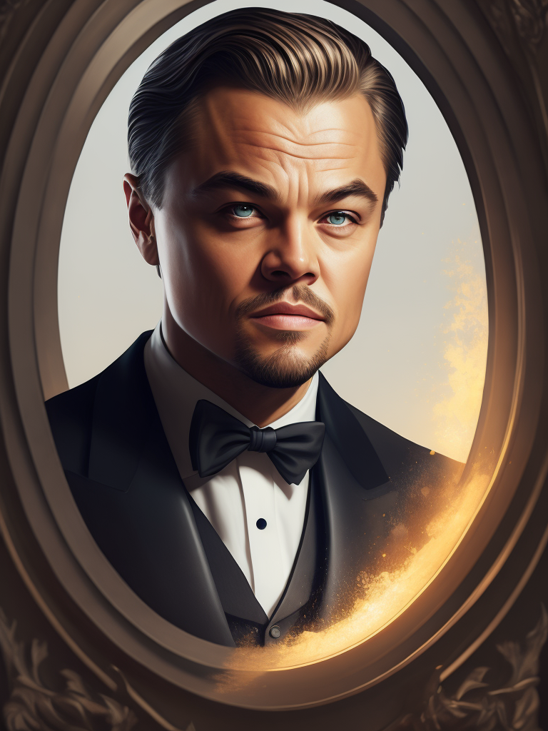 Portrait of Leonardo DiCaprio in a bow tie tuxedo, contrasting light, detailed face, muted tones