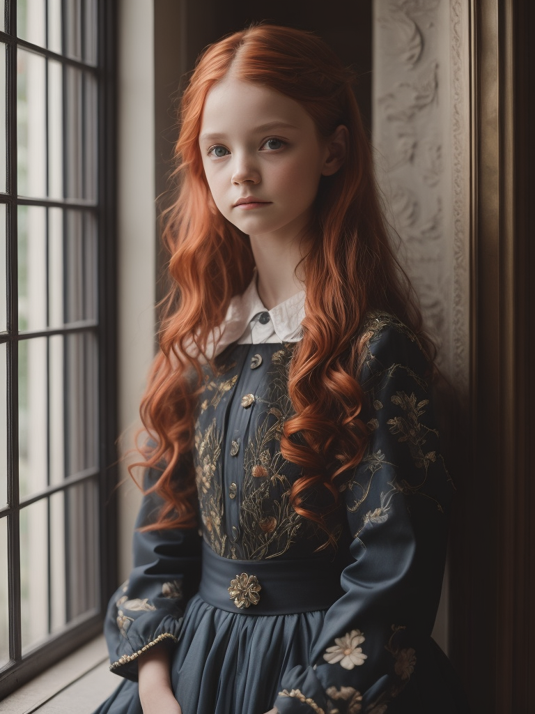 Portrait of a red-haired small girl in the blooming garden, white and pink roses, higher than the girl, pastel vintage dress, 15th century, painting, oil, Italy, style of Sandro Botticelli, illustration,