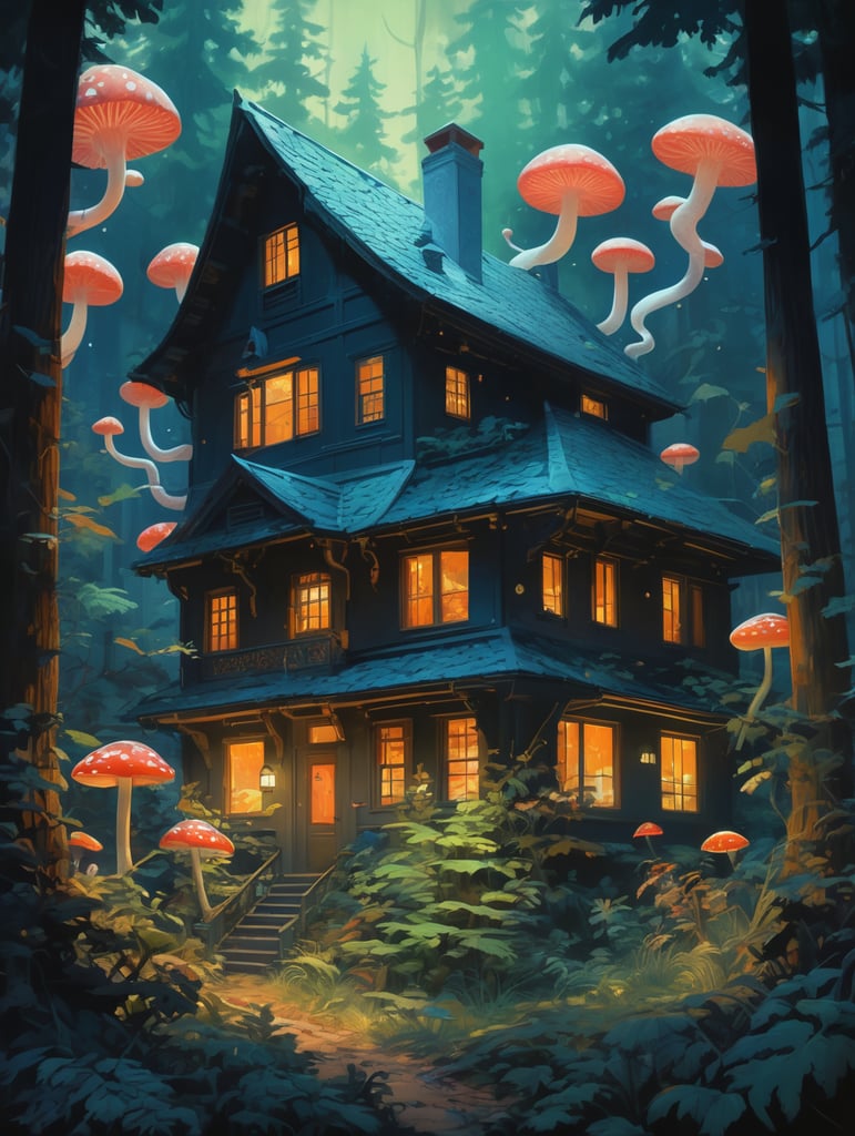 The house in the forest, dark night, leaves in the air, fluorescent mushrooms, animals, gibli, atey ghailan, lois van baarle, jesper ejsing, ernst haeckel, pop art patterns, exquisite lighting, clear focus, very coherent, very detailed, contrast, vibrant, digital painting