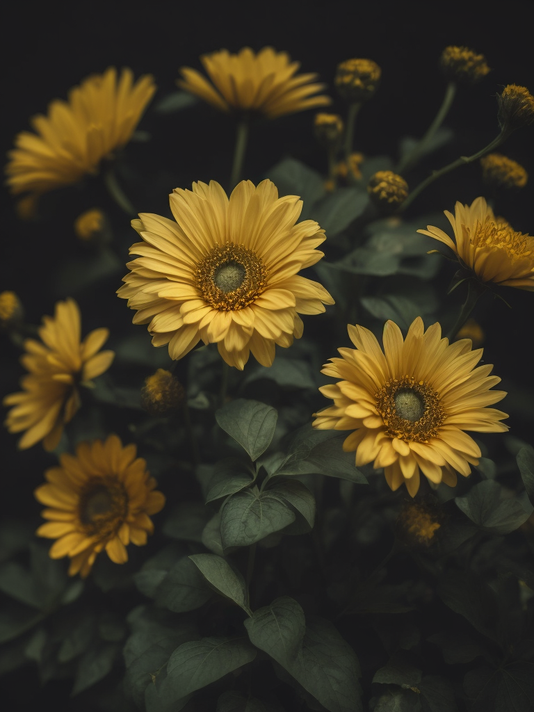 yellow flowers, dark atmosphere, deep colors, clear details