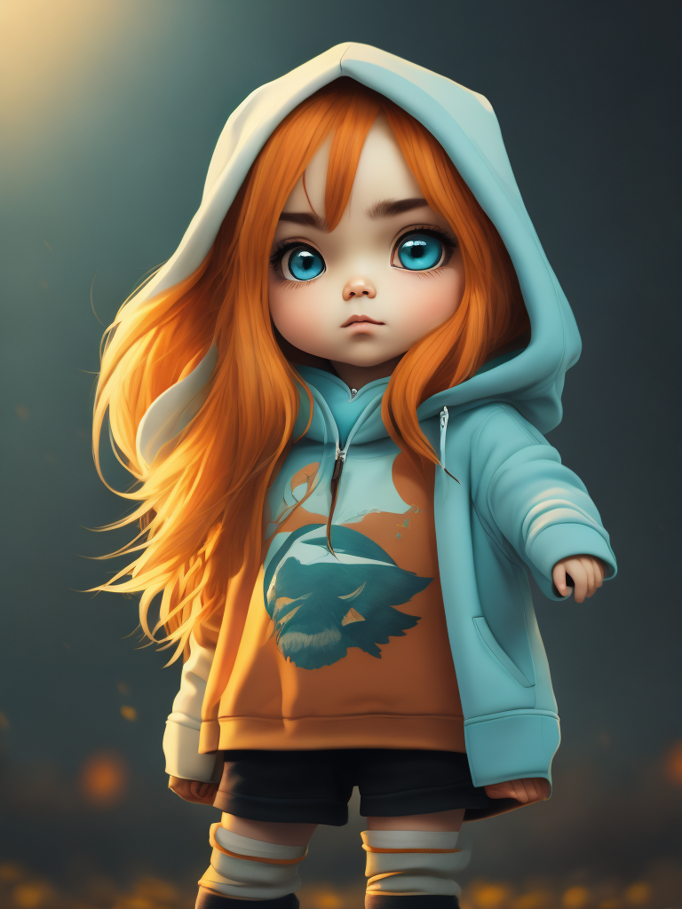 Chibi girl with long hair wearing oversized hoodie and thigh socks 3d render ultra quality hyperrealism