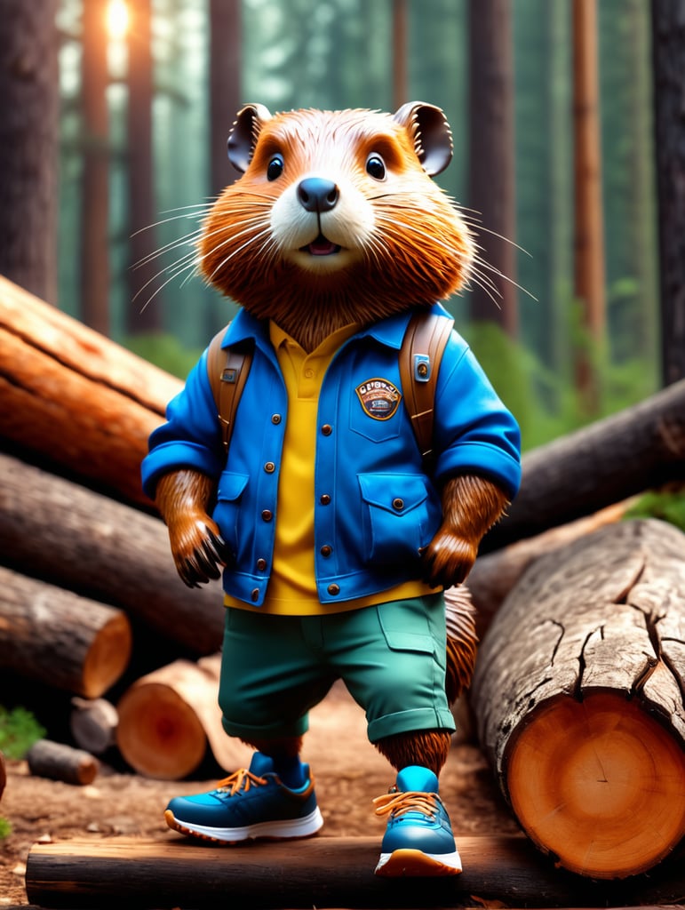 Extremely realistic beaver. in work clothes. in sneakers. against the background of sawn logs. volumetric lighting, maximalist photo illustrations, 8k concept art, meticulously detailed, complex, expansive, fantastical.