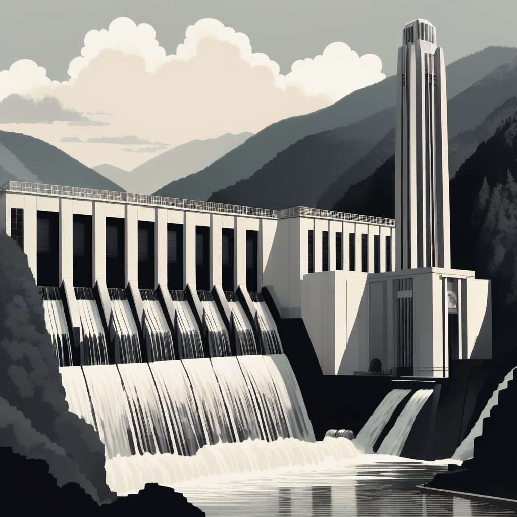 Daniel-Johnson Dam in art deco style with a black and white hydro power plant.