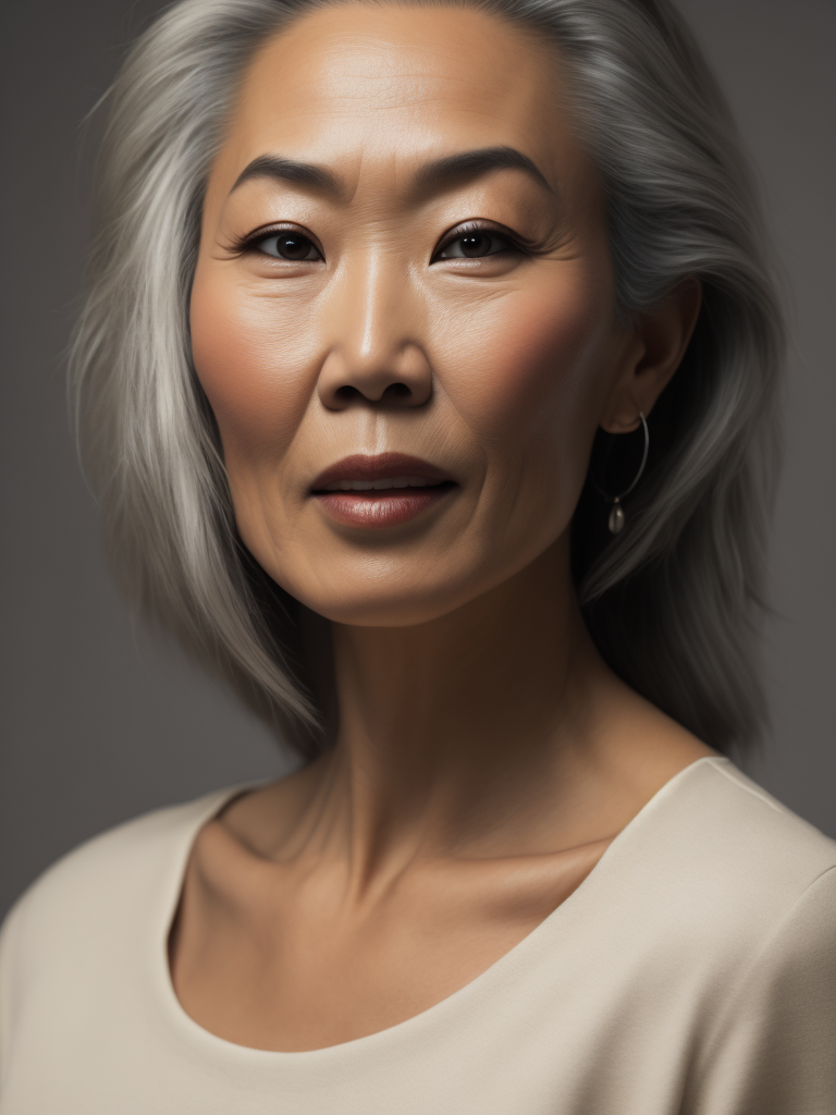 A 40yr old Chinese supermodel with classic natural Chanel make-up and beautifully styled hair, beautiful pores and skin texture, wearing plain neutral colour top with open neckline, detailed high resolution image, grey hair, natural Clinique style image, soft lighting, gentle expression, she is content with her age