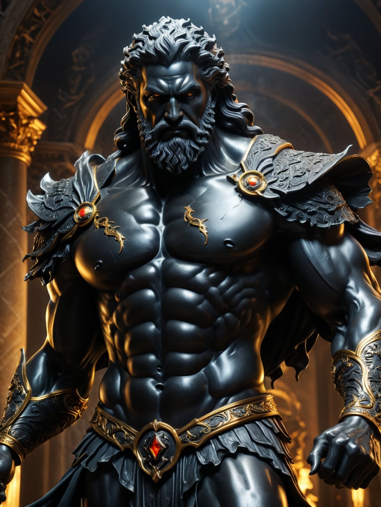 Black statue Zeus sculpture sharp details gothic aesthetic mythology inspirational dark hues dramatic lighting masterpiece legendary deity ethereal