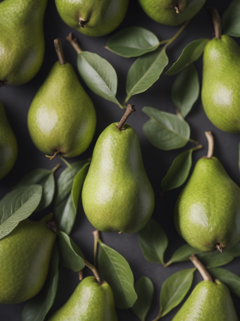 Juicy Pears pattern with green leaves, detailed Pears, macro photo