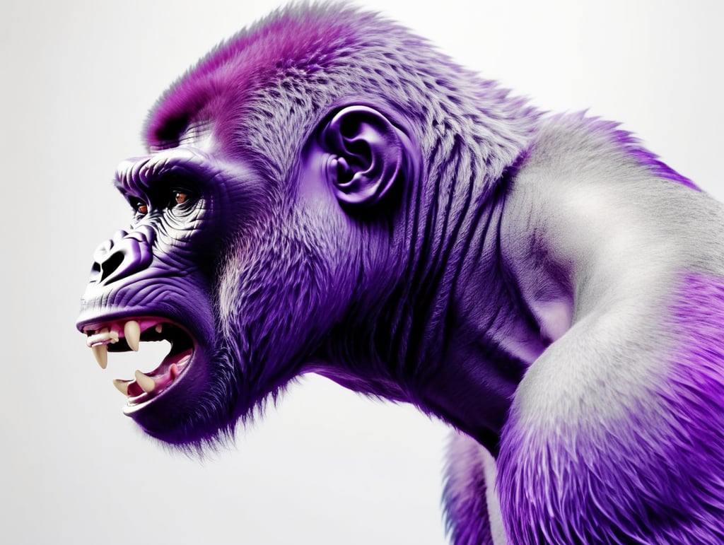 A wide shot of a purple gorilla with lots of other colours shouting on white background