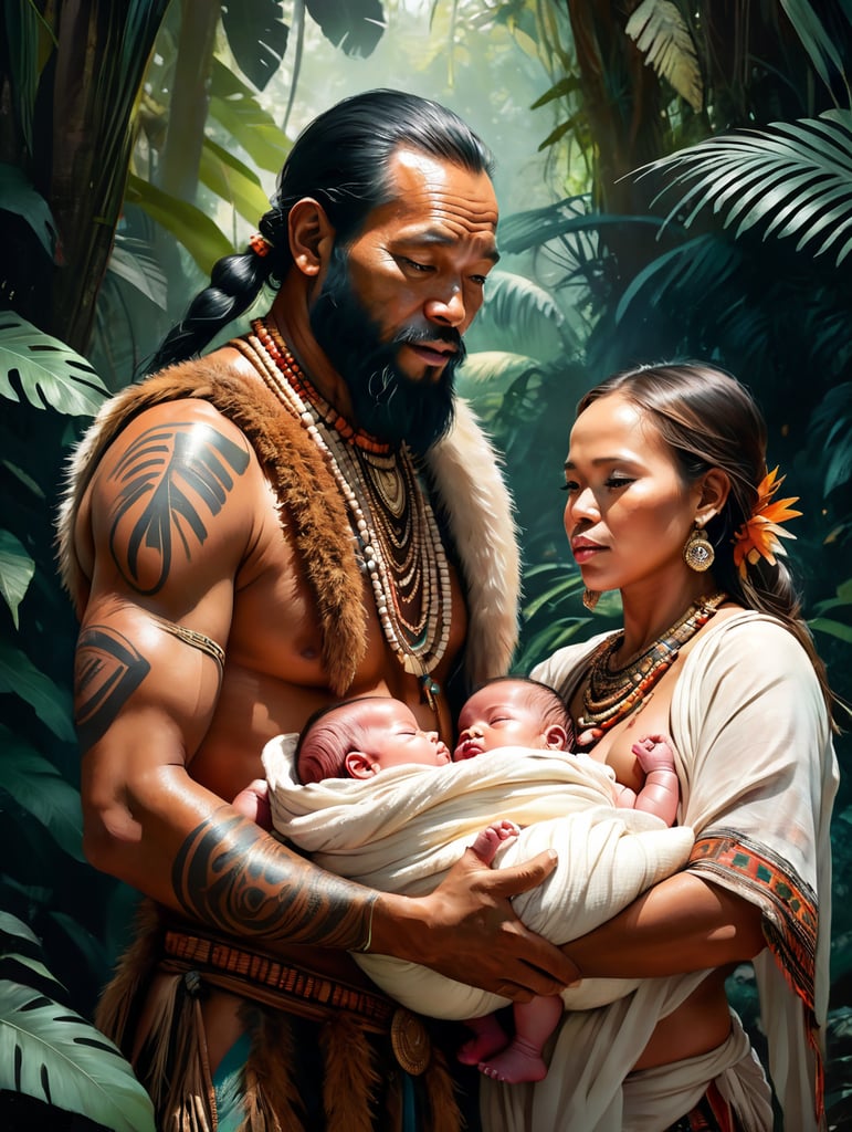 four papa new guinea tribes people in authentic jungle clothing, holding a new born white caucassian baby