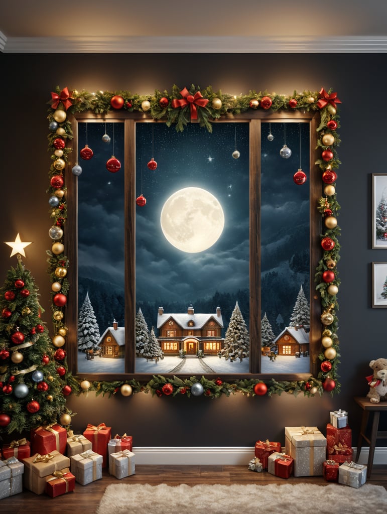 vertical frame wall mockup, nursery with christmas decorations, neutral colors and christmas lights