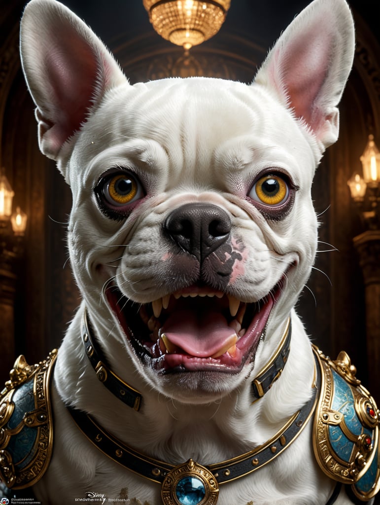 A Disney Pixar-inspired movie poster with title "Theodora". In the image a white french bulldog with a black rigth eye and nose, with black eyes and a smiling face. The scene should be in the distinct digital art style of Pixar, with a focus on character expressions, vibrant colors, and detailed textures that are characteristic of th animations, with the title "Argos"