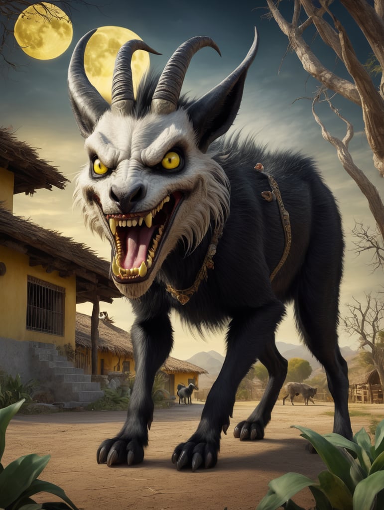 anthropomorphic Chupacabra cryptid with vicious teeth and long fangs is eating a goat, elongated yellow eyes, short dark fur with mane-like spines sticking out of the creatures back, background Mexican farm house with old trees, full moon, rule of thirds, realistic photography