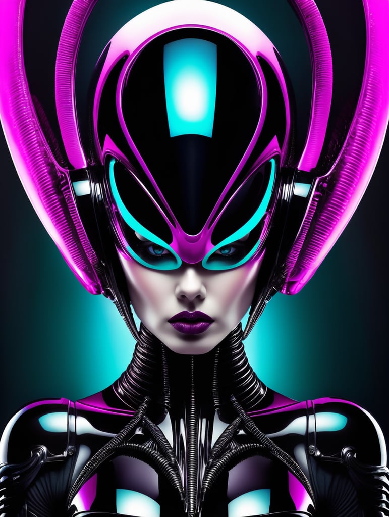 beautiful xenomorph pop artist all black mirror whit half futuristic mask helmet transparent traslucid mirror sleek futuristic outfit, with huge headpiece center piece, clean smoke eyes makeup, with depth of field, fantastical edgy and regal themed outfit, captured in black-magenta cyan gray lights, sharp, albert watson photograpgy, black litmus vivid colors, embodying the essence of fantasy, minimalist, h.r. giger