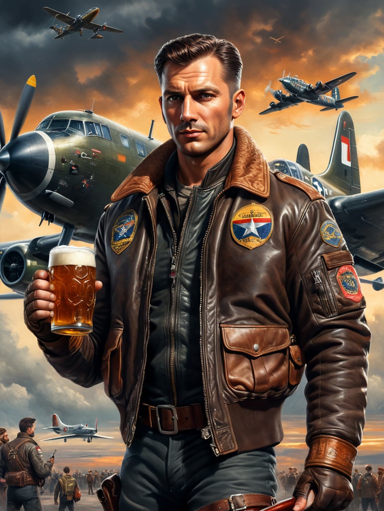 vintage poster, a pilot dressed in a flying bomber leather jacket holds a mug of beer in his hands, in the background a plane