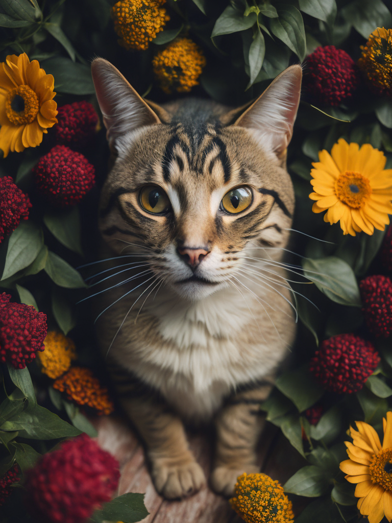 A cat is surrounded by flowers and flowers in a pile of them, looking up at the camera, a stock photo, conceptual art, photorealistic