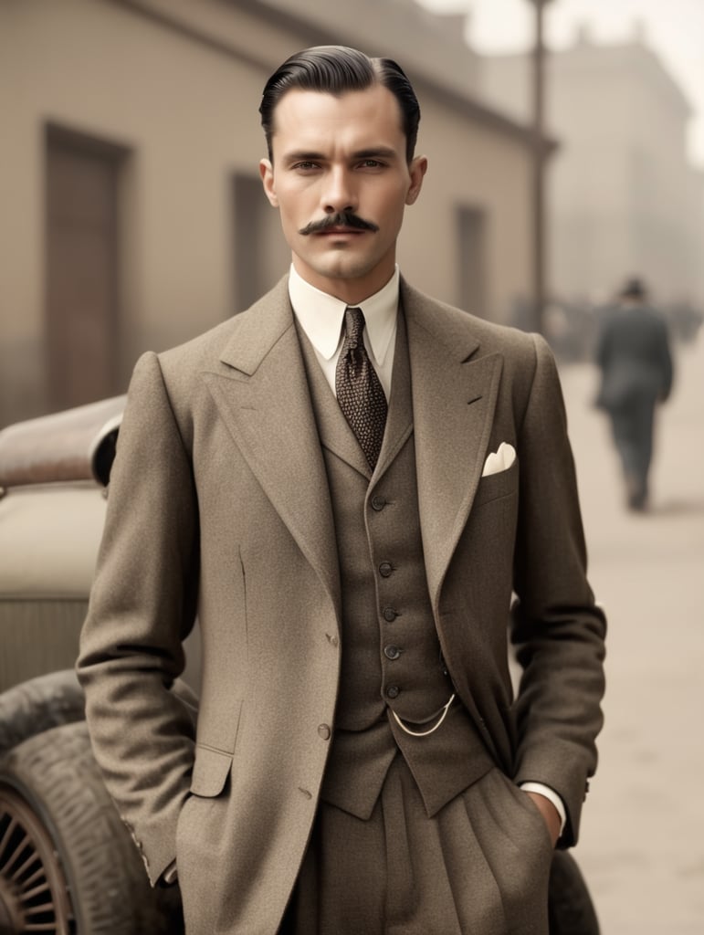 Buatkan foto pria tahun 1930 yang memakai setelan jas kuno