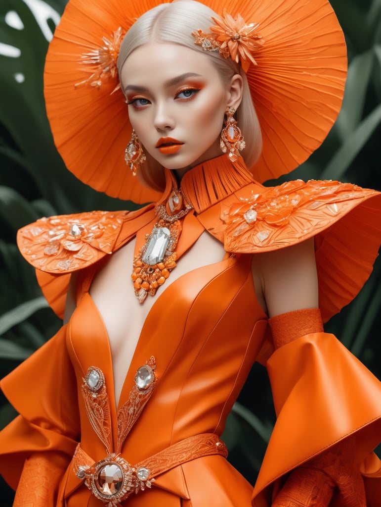 Girl in eco friendly haute couture outfit in the style of anime, surrealism, akira style. details. fine jewelry. eco friendly. orange vibe.