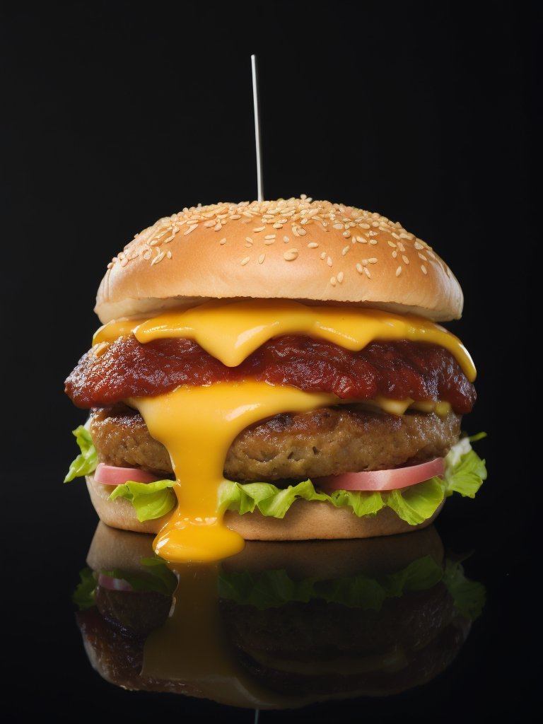 appetizing burger with leaking cheese on black background