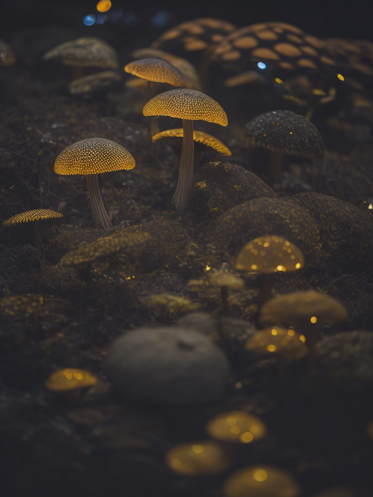 fluorescent mushrooms, psychedelic night, abstract, darkness