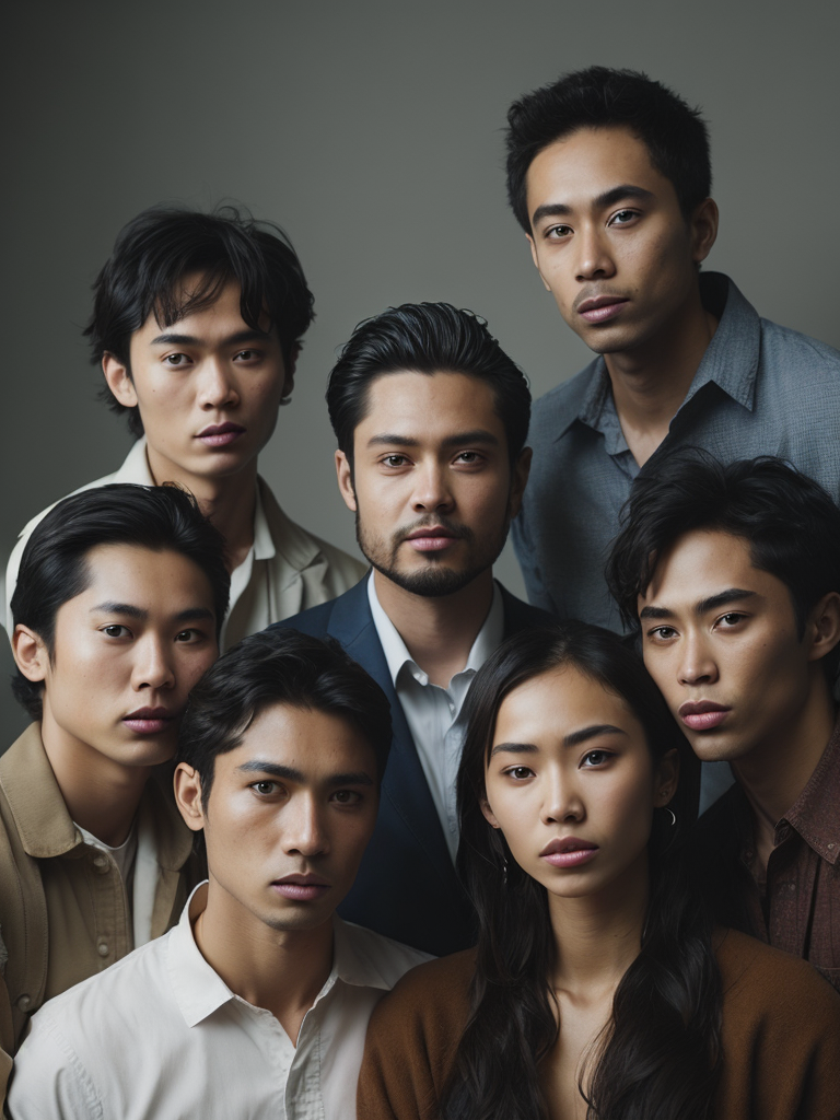 A portrait of a group of South East Asian creatives in a studio with white background, midshot