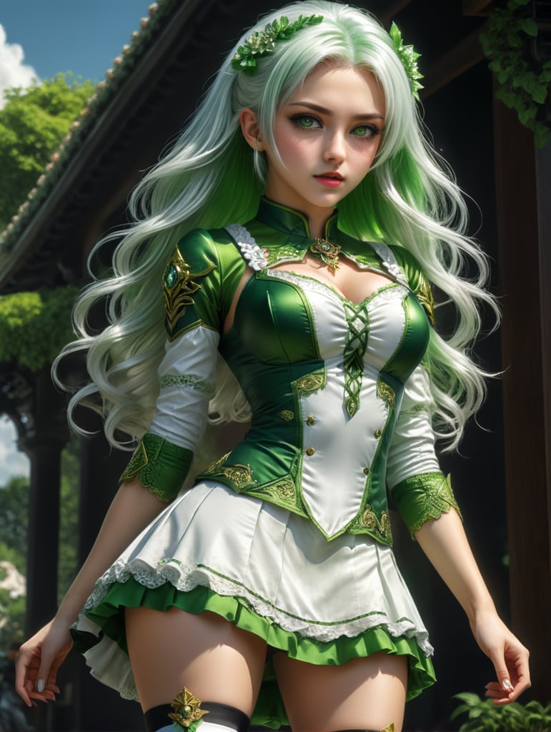 Green and white hair. Anime girl. Green and white dress. Miniskirt. Green eyes.