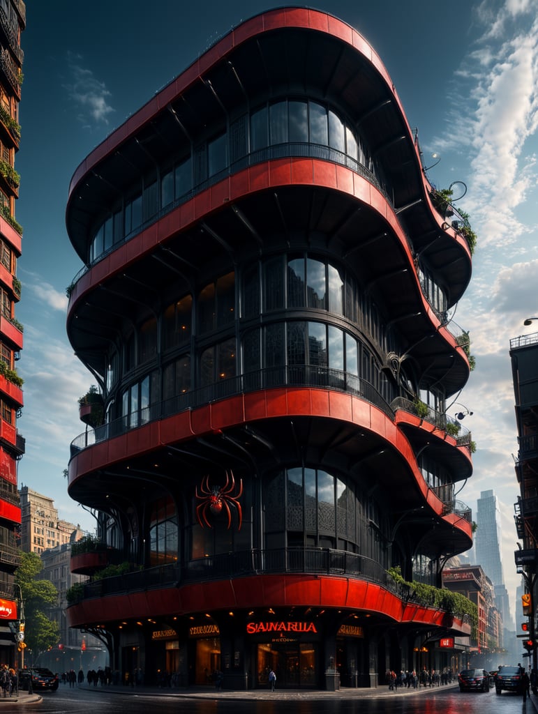 dream prompt: the craziest, bentwood, far view lens architectural modern style hyper realistic hyper detailed neocosmic exterior architecture design of a spider Fluid complex facade, geometric shapes spectrum, black::1 red:3, Antoine Blanchard architecture art style, in new york city, dramatic ambient, natural lighting, camera sony, 8k, --s1000 --style raw, you can imagine