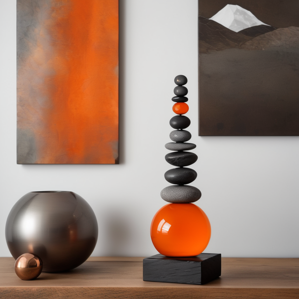 Un tótem de Una roca color naranja brillante sobre una pieza de madera natural muy obscura que se encuentra sobre un bloque de cobre arriba de una esfera pequeña de vidrio. Que parezca una escultura en equilibrio de arte contemporáneo en un entorno gris obscuro sin muchos elementos