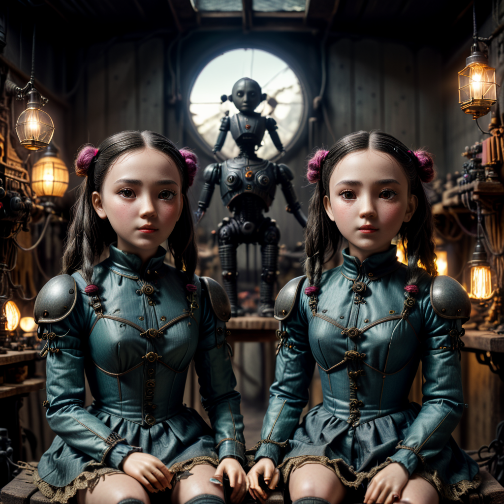 Two 3D puppet dolls, with strings attached to arms and hands, dressed in frilly clothes, pigtails, sitting in a toy makers workshop, vibrant by artist "Lovecraft", "Edward Gorey", "Anton Semenov", dystopian surrealism