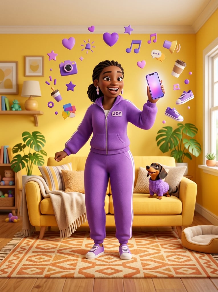 Vibrant 3D render of a joyful woman in a purple tracksuit holding a smartphone amidst floating purple lifestyle items. She poses in a bright yellow room featuring a yellow sofa, orange rug, and a dachshund in a matching sweater. Smooth plastic textures and bright studio lighting.