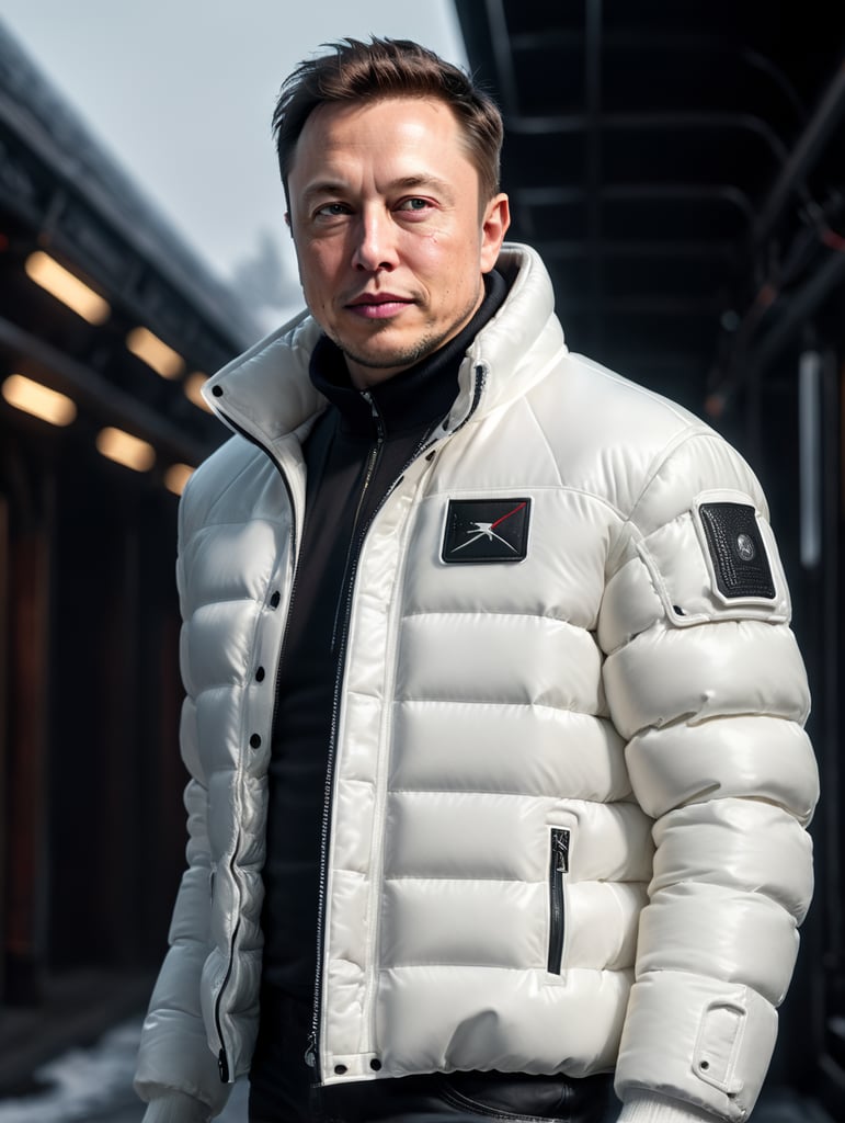 Professional photo glamour of Elon Musk looking stylish in a white puffer jacket