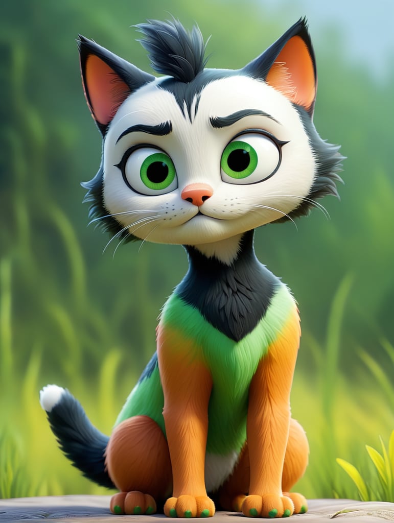 cat, tricolor, with green eyes and a short tail