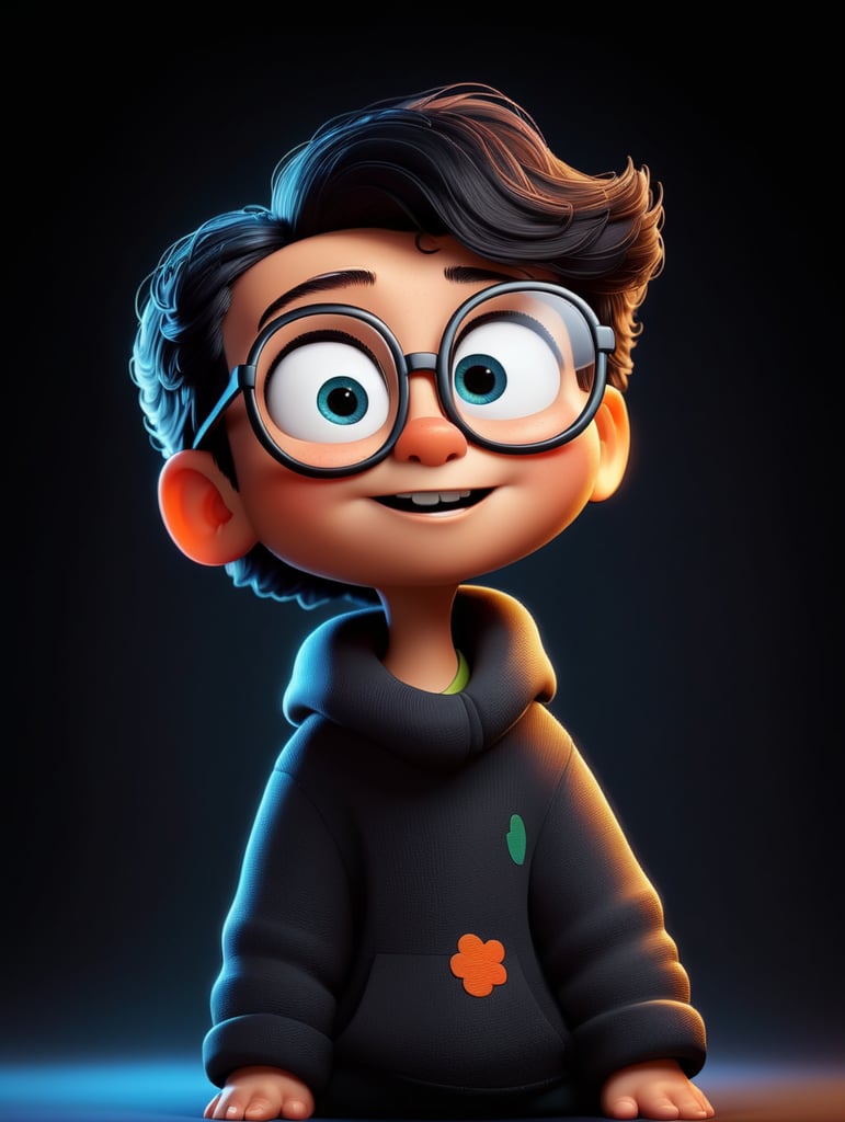 young cartoon character with black glasses, cartoon, isolated, black background