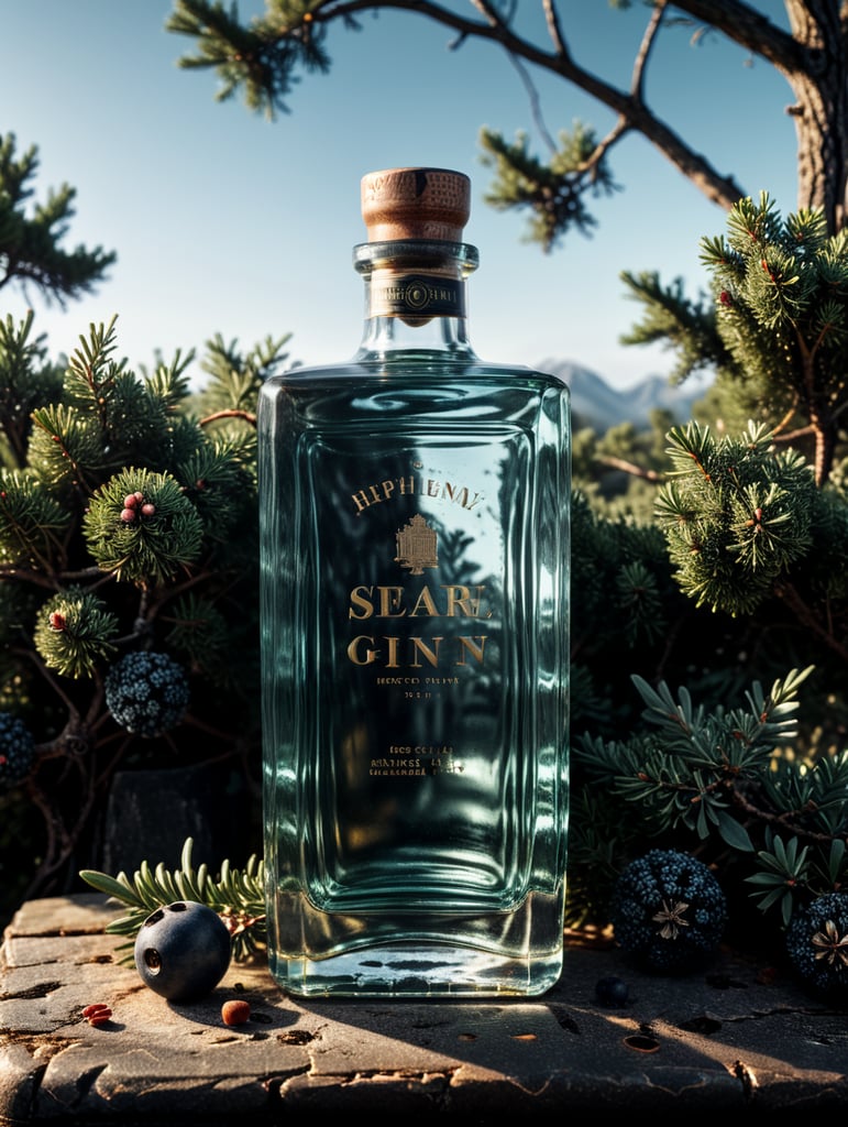 professional photography of a square gin bottle, square bottle, surrounding a juniper and juniper berries, one shot of gin in a front, no label, clear, mockup