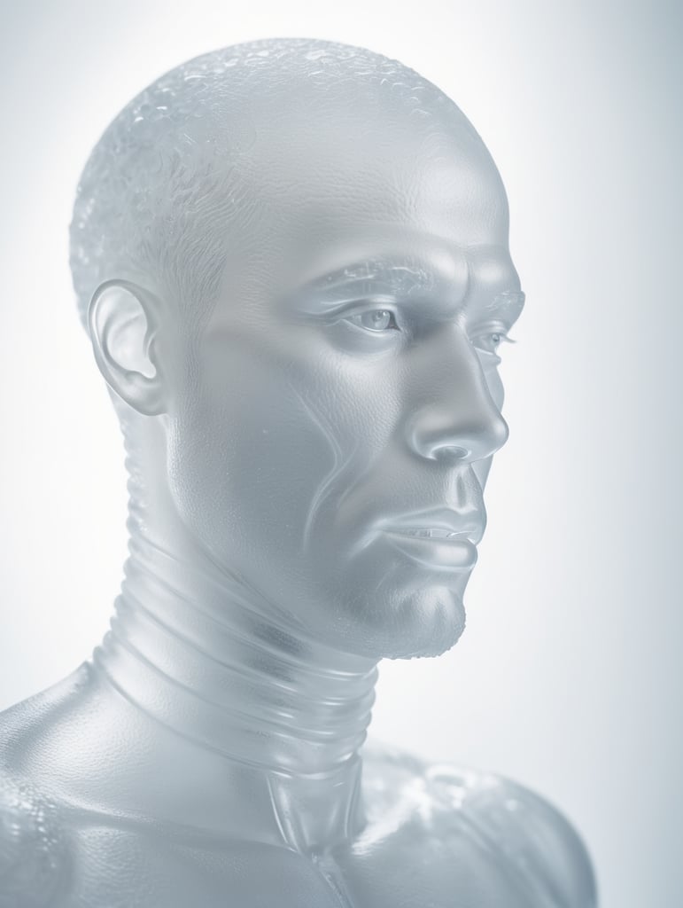 Portrait of a Translucent man made from the ice, organs are visible through the ice