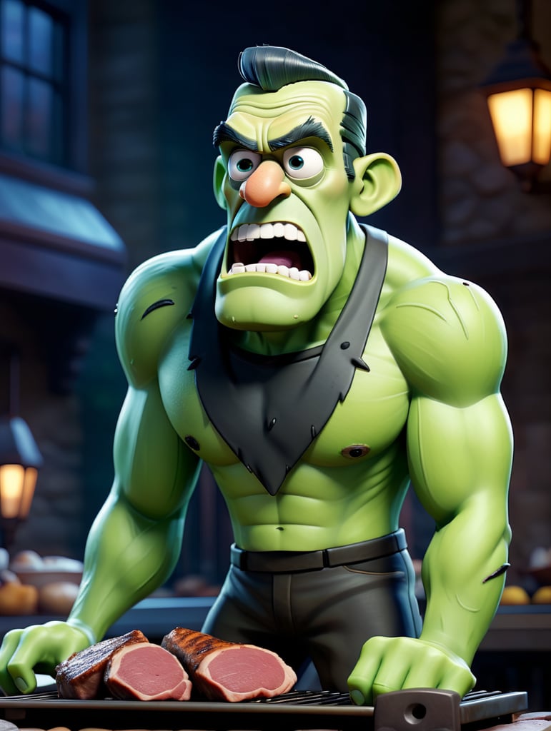 full body image of Boris Karloff as Frankenstein's Monster in style of pixar animation, Green Skin, muted color palette, atmospheric, creepy, reanimated corpse, scar tissue, decomposing, pleasant facial expression, welcoming, bolts sticking out of sides of neck, gangrene, veins, mutilated, stitches across forehead, placing meat on a grill, standing in a restaurant kitchen