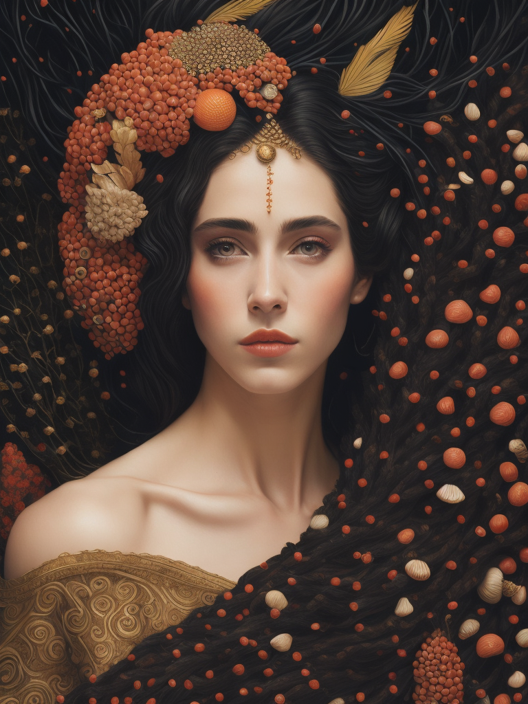 Gustav Klimt, ultafine detailed painting of a woman with corals in her hair, whimsical, detailed painting, corals,Fish and seashells around.