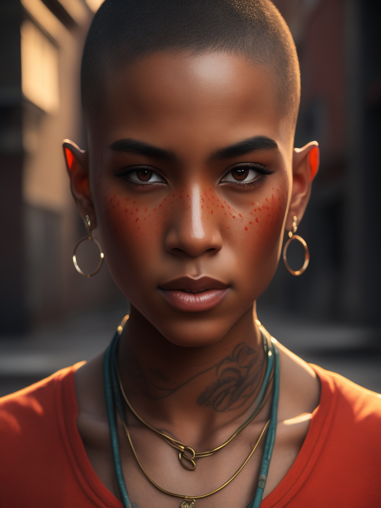 beautiful indigenous teen girl, buzz cut, tattoos, gang member, sleeveless red shirt,in an alley