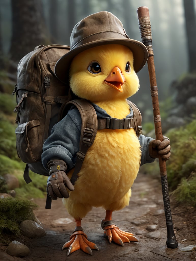 Cartoon baby chick, Hiker, walking stick, hat, boots, gloves, backpack