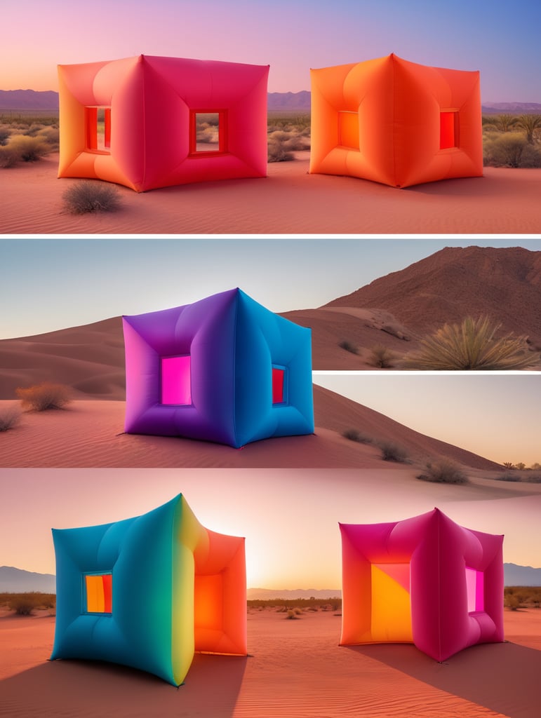 4 prismas inflables en medio del desierto inspirados en la arquitectura de Luis Barragán, con colores vibrantes y degradados.