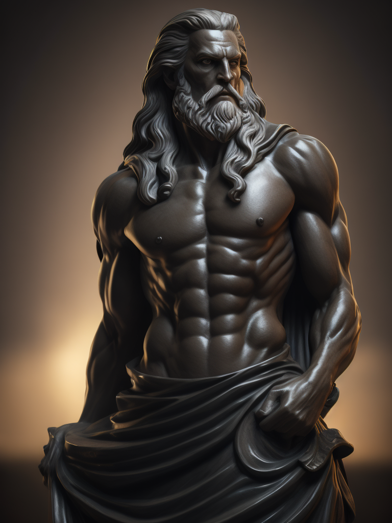 estatua de mármol oscuro zeus escultura detalles nítidos góticas estéticas mitología inspiradoras tonalidades oscuras iluminación dramática mármol obra maestra deidad legendaria impresión etérea