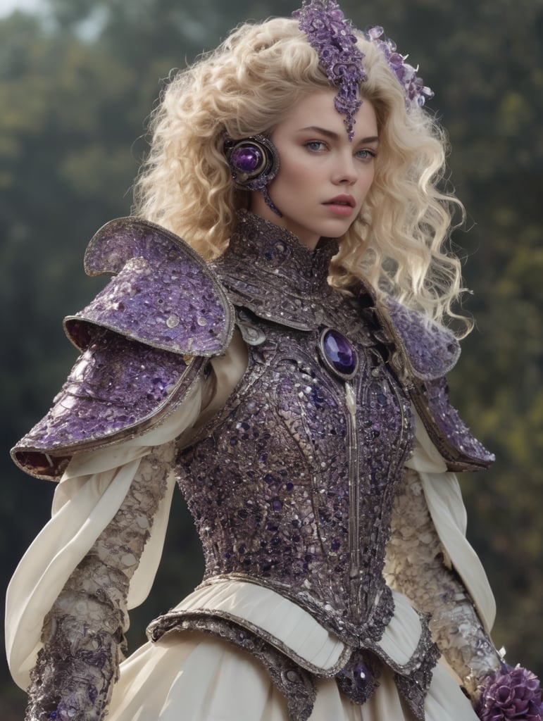 night, stella maxwell, marie antoinette, 18th century full plate ivory armor, black chainmail, purple gems crystals sapphire ornated, sallet helmet, fullbody, space, planet