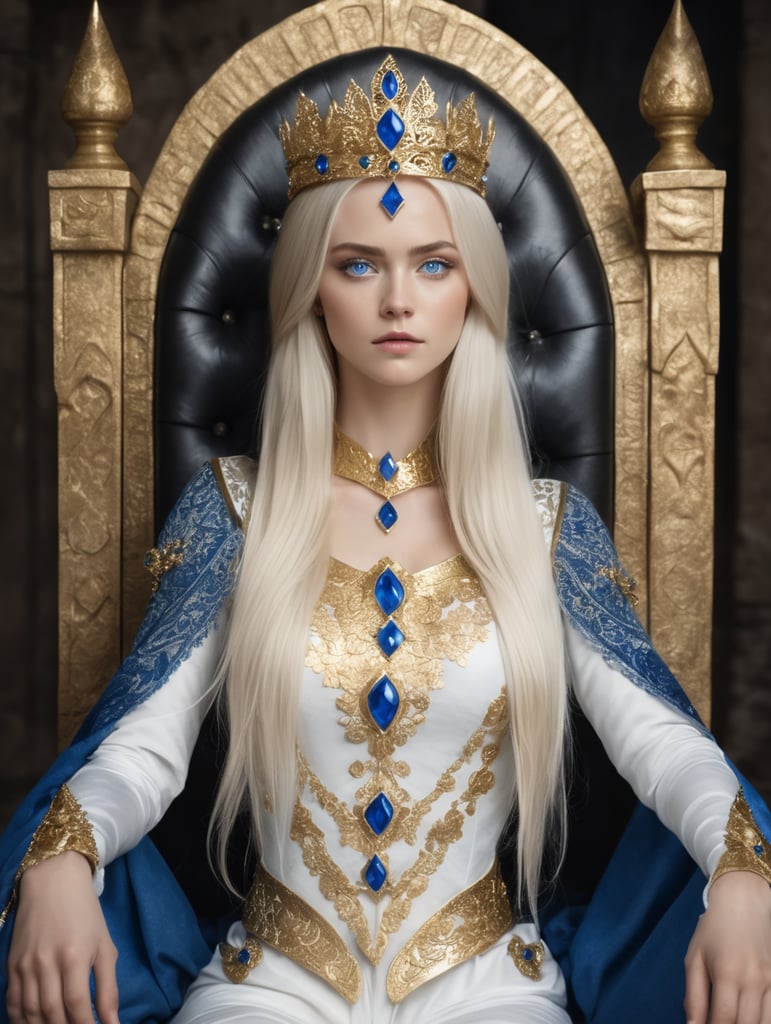 Woman with platinum long hair and blue eyes wearing golden crown and white and golden medieval clothes, sitting on a black stone throne in a stone dark throne room
