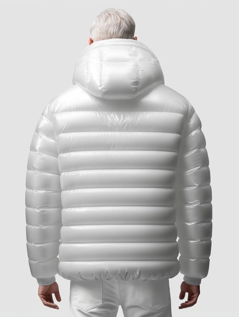 Inflatable white minimalist man's puffer jacket, back view, transparent, isolated, grey background, mockup