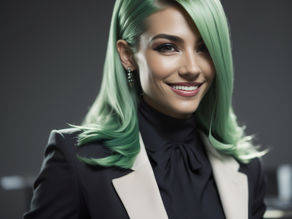 Business woman in office, smile, she has green pastel dyed hair, elegant, strong, fashion