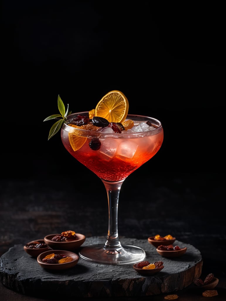 Gin cocktail with dried fruit slices, mood lighting