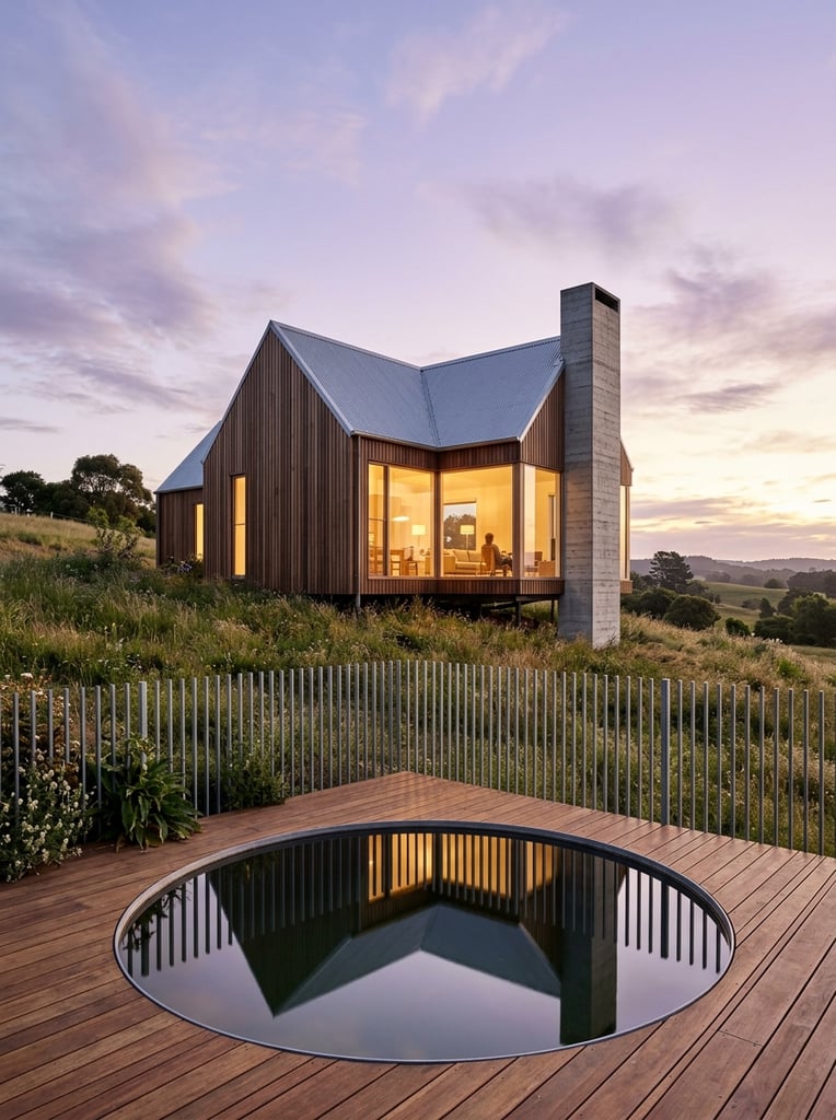 modern minimalist house, vertical wood siding, corrugated metal pitched roof, large glowing picture window, tall exposed concrete chimney, elevated on a grassy hill, circular reflection pool embedded in wooden deck foreground, vertical metal slat fence, soft twilight sky, purple and golden hues, serene architectural photography, wide angle