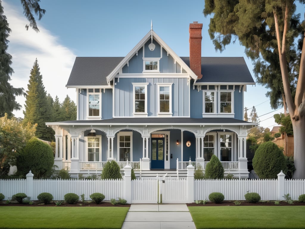 Modern Victorian style home, big white windows, picket fence, garden, trees in the backyard, blue sky