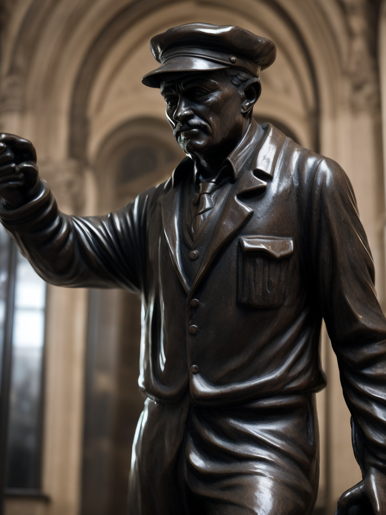 (((black marble statue))) of a english train worker, 1900, dark atmosphere, sharp on details