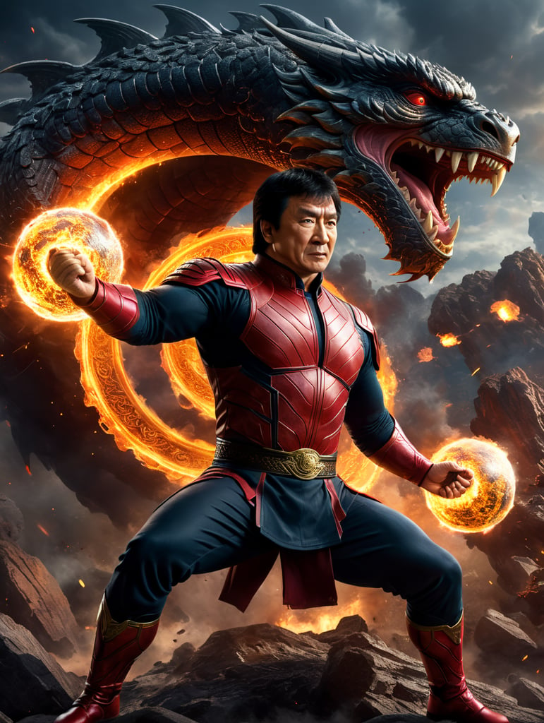 Jackie Chan, Shang-Chi, Marvel, superhero, kungfu, fighting with a dragon, behind a meteor